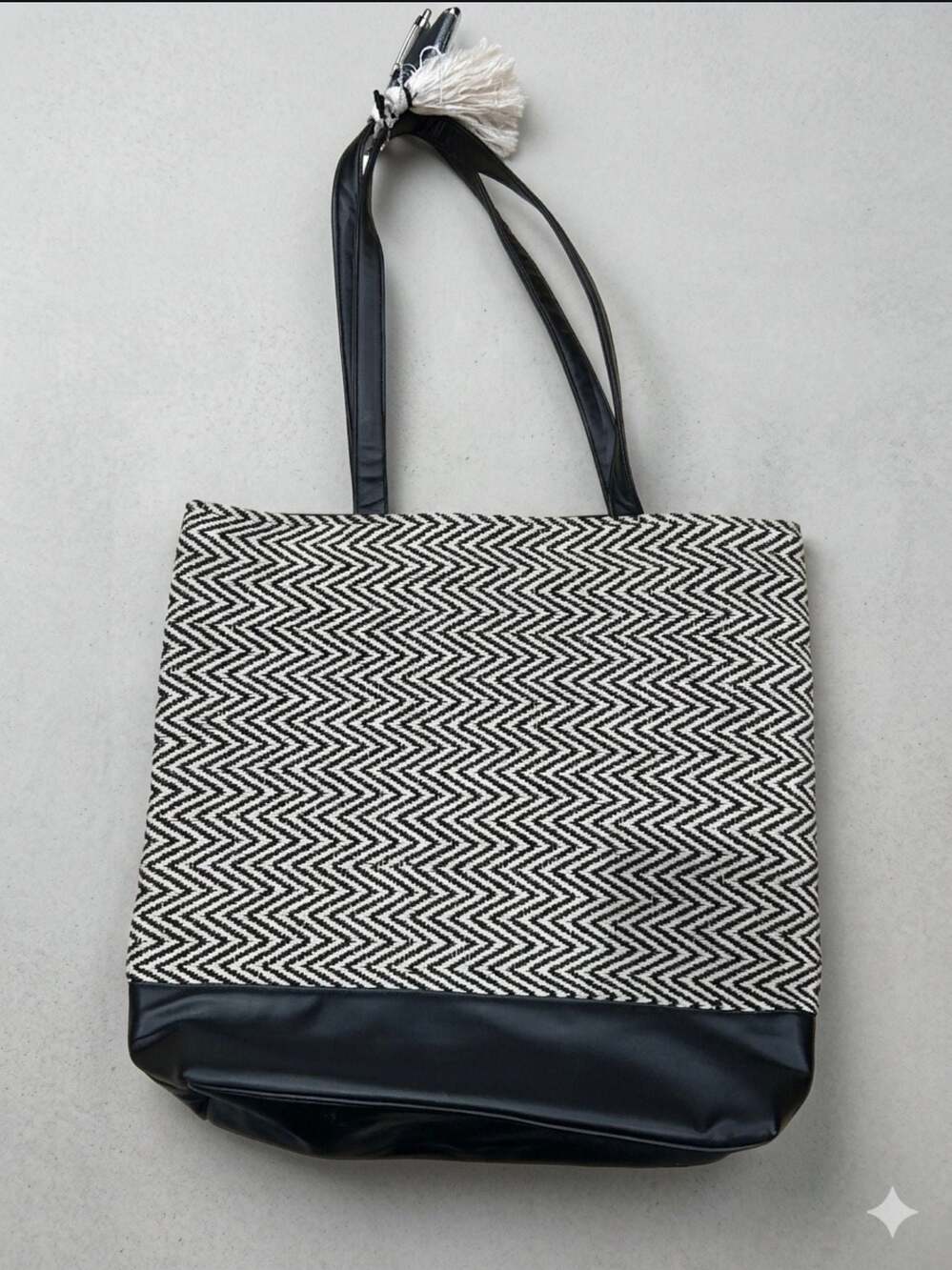 Black and White Chevron Woven Tote Bag with Tassel
